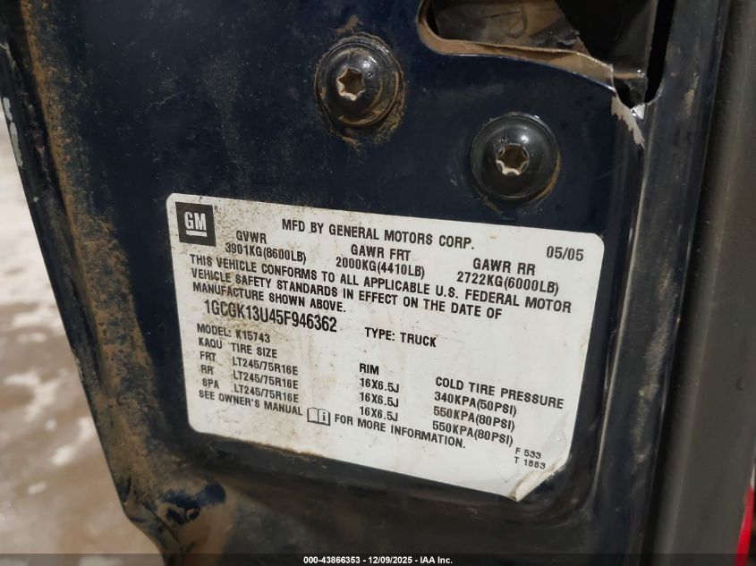 2005 Chevrolet Silverado 1500Hd Ls VIN: 1GCGK13U45F946362 Lot: 43866353