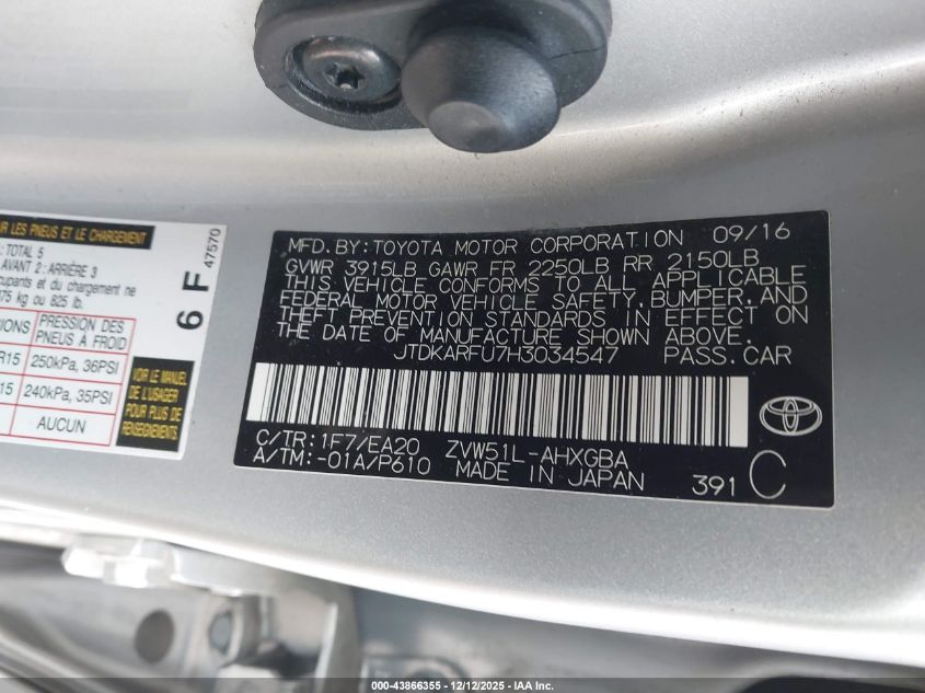 2017 Toyota Prius Four VIN: JTDKARFU7H3034547 Lot: 43866355