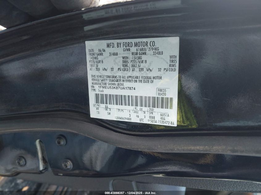 2007 Ford Explorer Sport Trac Limited VIN: 1FMEU53K87UA17874 Lot: 43866357