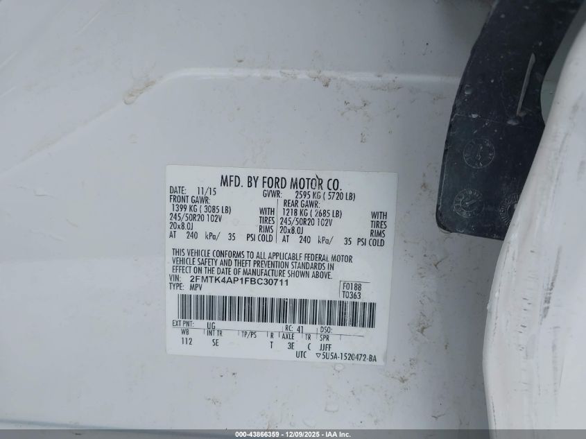 2015 Ford Edge Sport VIN: 2FMTK4AP1FBC30711 Lot: 43866359