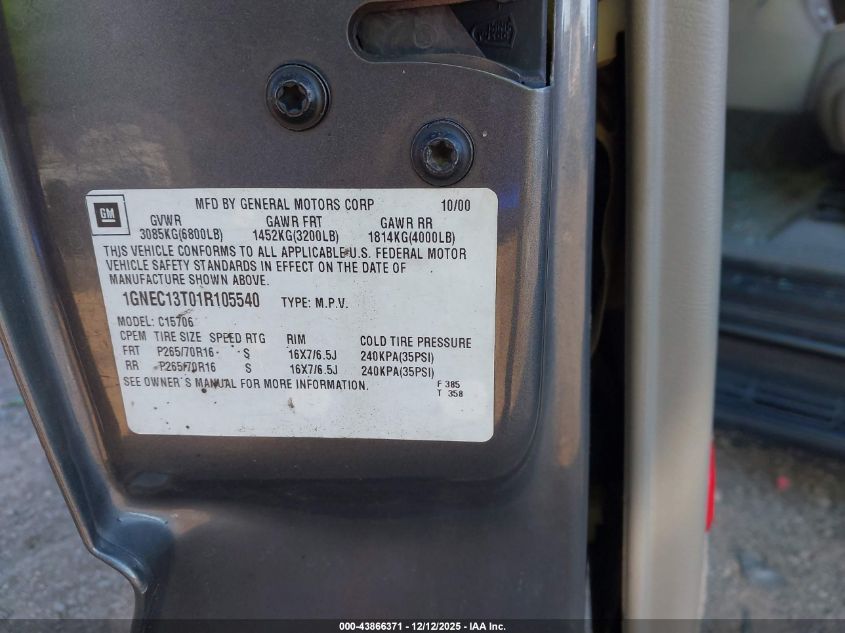 2001 Chevrolet Tahoe Lt VIN: 1GNEC13T01R105540 Lot: 43866371