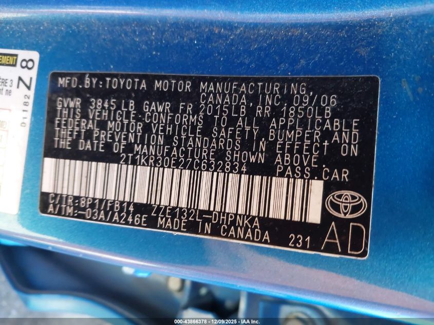 2007 Toyota Matrix VIN: 2TIKR30E27C632834 Lot: 43866378