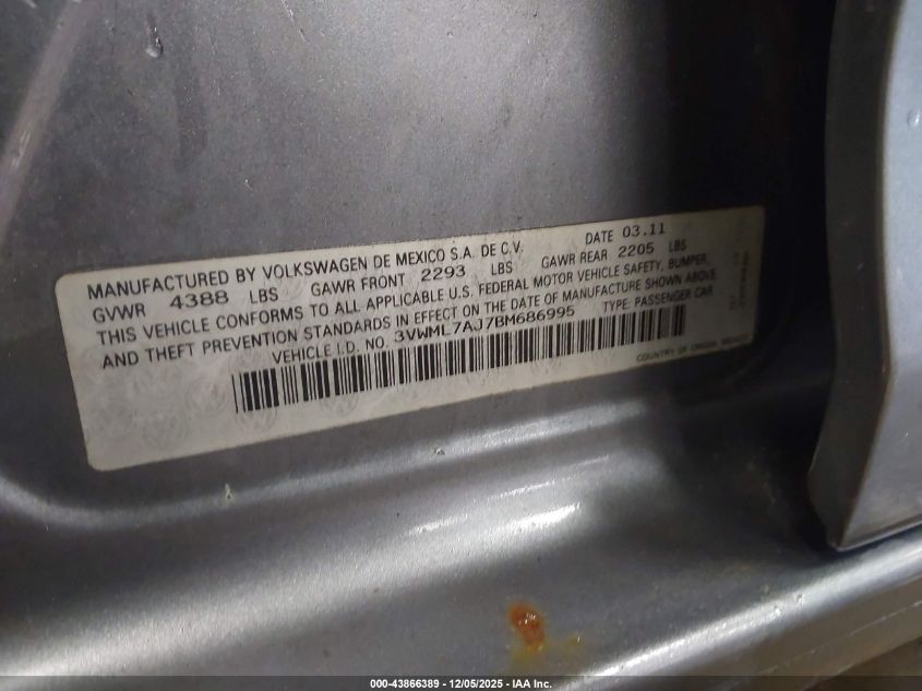 2011 Volkswagen Jetta Sportwagen 2.0L Tdi VIN: 3VWML7AJ7BM686995 Lot: 43866389