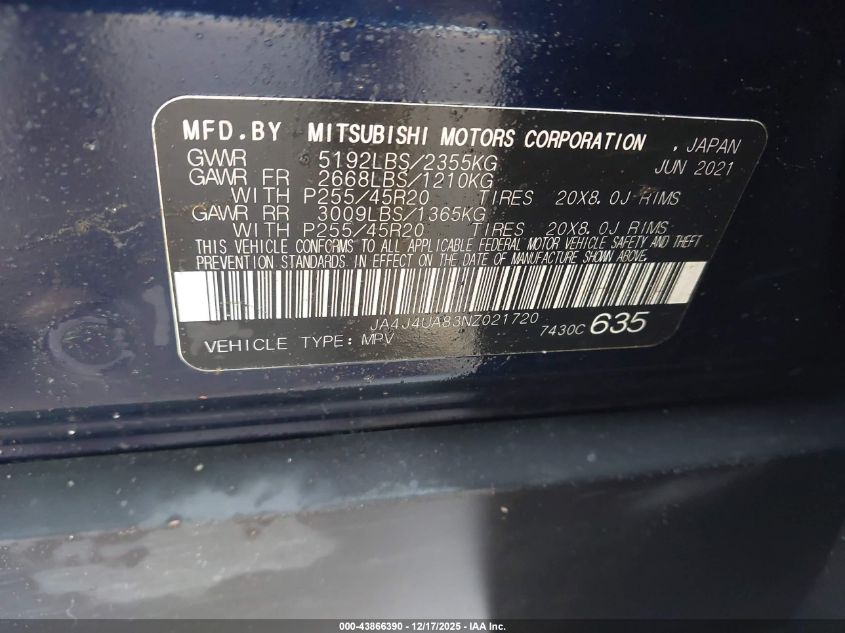 2022 Mitsubishi Outlander VIN: JA4J4UA83NZ021720 Lot: 43866390