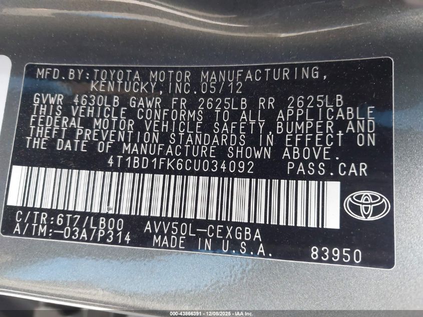 2012 Toyota Camry Hybrid Xle VIN: 4T1BD1FK6CU034092 Lot: 43866391