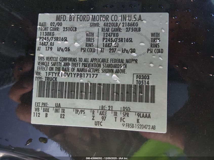 2000 Ford Ranger Xl/Xlt VIN: 1FTYR10V1YPB17177 Lot: 43866392