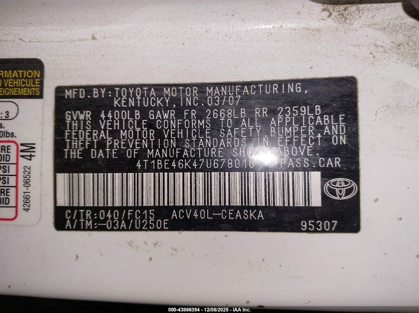 2007 Toyota Camry Se VIN: 4T1BE46K47U678016 Lot: 43866394