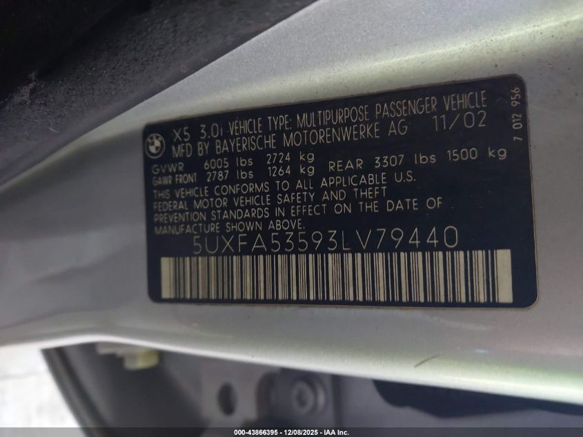 2003 BMW X5 3.0I VIN: 5UXFA53593LV79440 Lot: 43866395