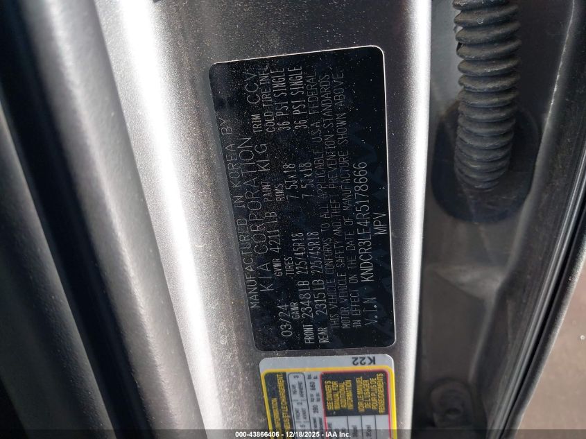 2024 Kia Niro Ex Touring VIN: KNDCR3LE4R5178666 Lot: 43866406