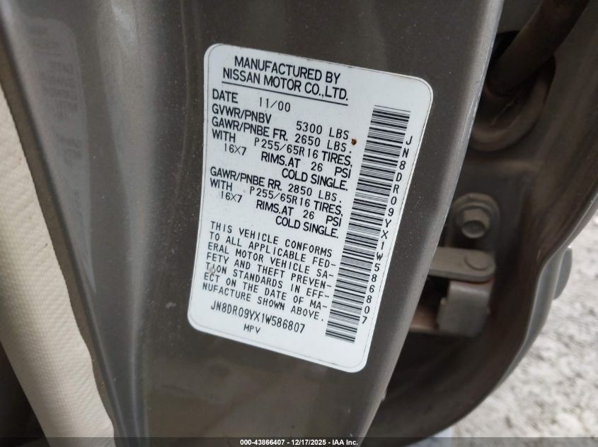 2001 Nissan Pathfinder Se VIN: JN8DR09YX1W586807 Lot: 43866407