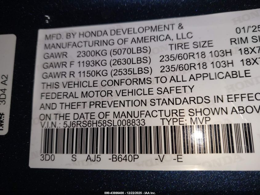 2025 Honda Cr-V Sport VIN: 5J6RS6H58SL008833 Lot: 43866408
