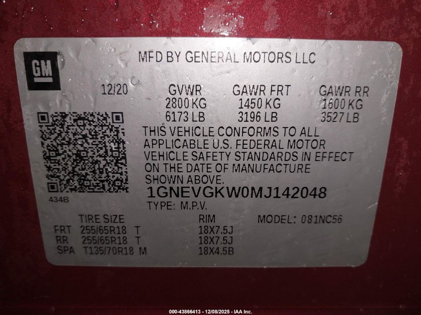 2021 Chevrolet Traverse Awd Lt Cloth VIN: 1GNEVGKW0MJ142048 Lot: 43866413