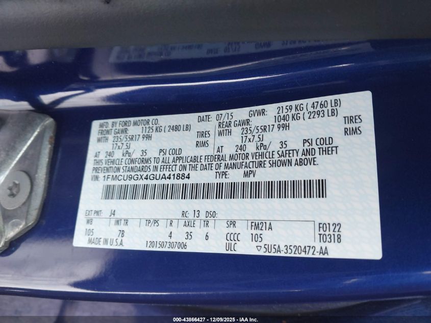 2016 Ford Escape Se VIN: 1FMCU9GX4GUA41884 Lot: 43866427