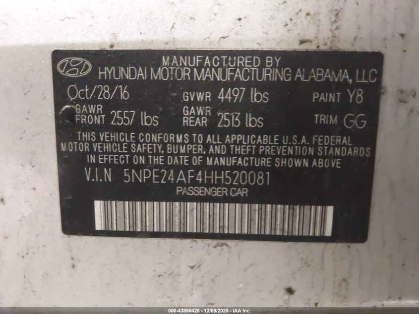 2017 Hyundai Sonata VIN: 5NPE24AF4HH520081 Lot: 43866428