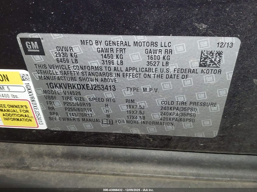 2014 GMC Acadia Slt-1 VIN: 1GKKVRKDXEJ253413 Lot: 43866432