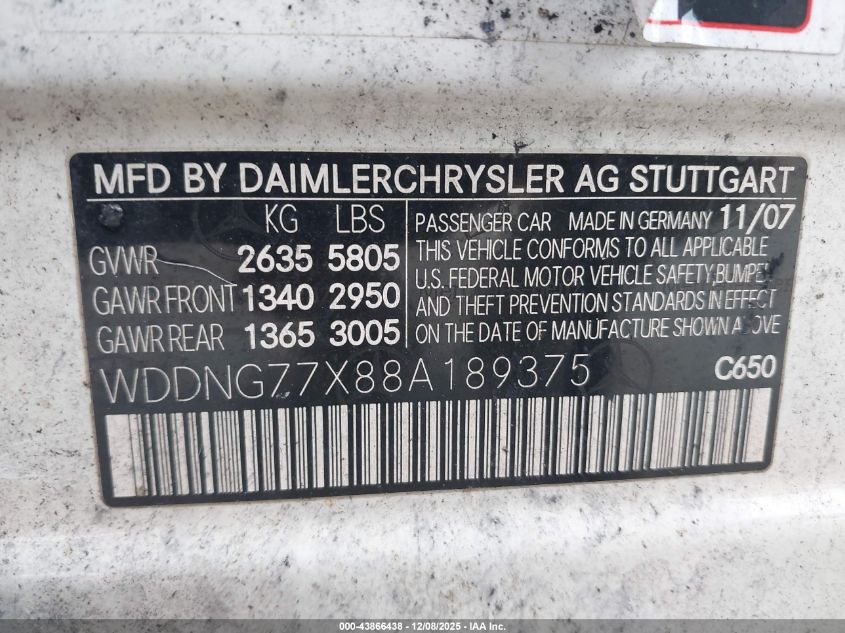 2008 Mercedes-Benz S 63 Amg VIN: WDDNG77X88A189375 Lot: 43866438