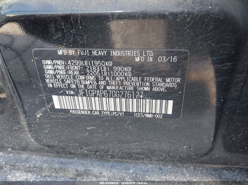 2016 Subaru Impreza 2.0I Sport Premium VIN: JF1GPAP67GG276127 Lot: 43866439