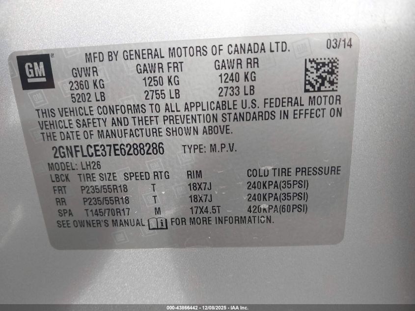 2014 Chevrolet Equinox 2Lt VIN: 2GNFLCE37E6288286 Lot: 43866442