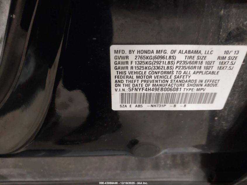 2014 Honda Pilot Ex VIN: 5FNYF4H49EB006081 Lot: 43866446