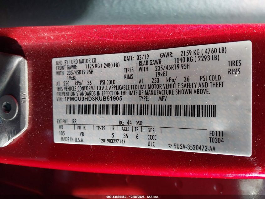 2019 Ford Escape Sel VIN: 1FMCU9HD3KUB51905 Lot: 43866452