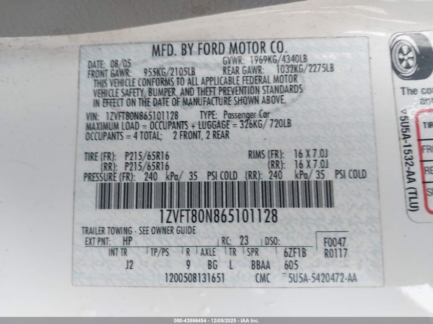 2006 Ford Mustang V6 VIN: 1ZVFT80N865101128 Lot: 43866454