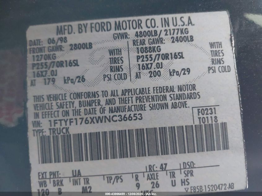 1998 Ford F-150 Lariat/Standard/Xl/Xlt VIN: 1FTYF176XWNC36653 Lot: 43866459