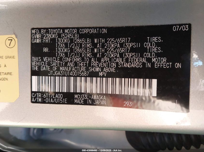 2004 Lexus Rx 330 VIN: JTJGA31U140015687 Lot: 43866460