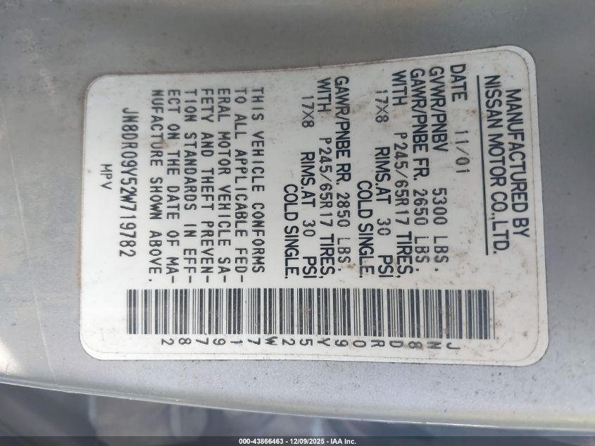 2002 Nissan Pathfinder Le VIN: JN8DR09Y52W719782 Lot: 43866463