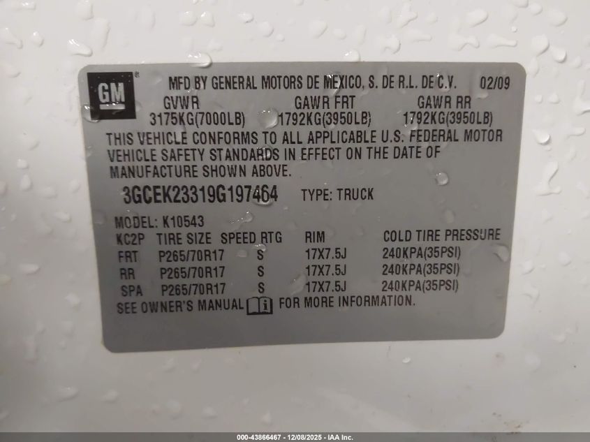 2009 Chevrolet Silverado 1500 Lt VIN: 3GCEK23319G197464 Lot: 43866467