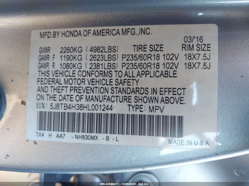 2017 Acura Rdx Acurawatch Plus Package VIN: 5J8TB4H38HL001244 Lot: 43866471