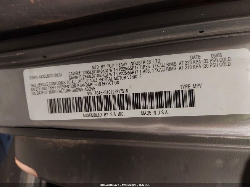 2009 Subaru Outback 2.5I VIN: 4S4BP61C797317516 Lot: 43866473