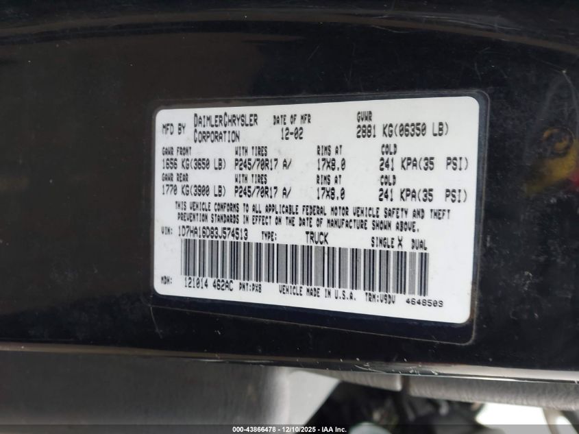 2003 Dodge Ram 1500 VIN: 1D7HA16D83J574513 Lot: 43866478