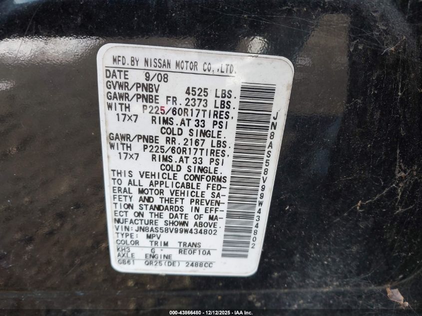 2009 Nissan Rogue Sl VIN: JN8AS58V99W434802 Lot: 43866480