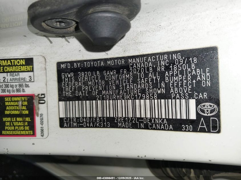 2019 Toyota Corolla Le VIN: 2T1BURHE9KC179858 Lot: 43866491