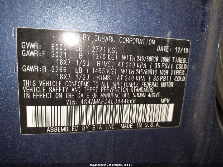 2020 Subaru Ascent Premium VIN: 4S4WMAFD4L3444866 Lot: 43866495