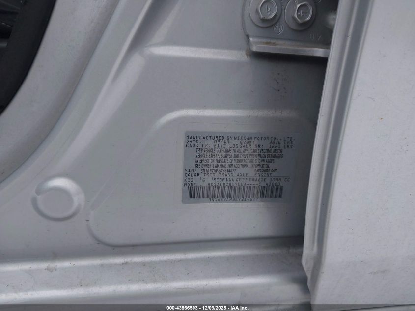 2019 Nissan Sentra Sv VIN: 3N1AB7AP3KY314577 Lot: 43866503