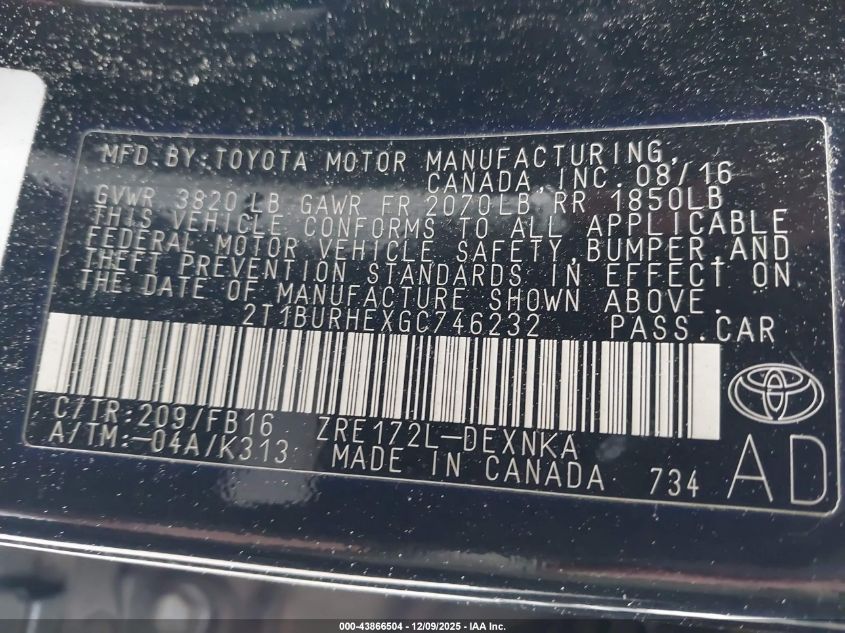 2016 Toyota Corolla Le VIN: 2T1BURHEXGC746232 Lot: 43866504