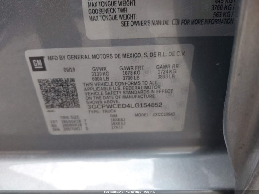 2020 Chevrolet Silverado 1500 2Wd Short Bed Lt VIN: 3GCPWCED4LG154852 Lot: 43866518