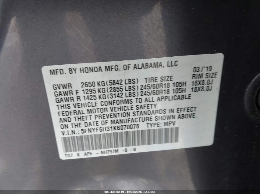 2019 Honda Pilot Ex VIN: 5FNYF6H31KB070078 Lot: 43866519
