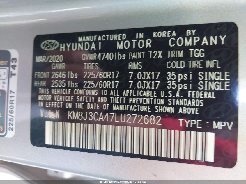 2020 Hyundai Tucson Value VIN: KM8J3CA47LU272682 Lot: 43866520