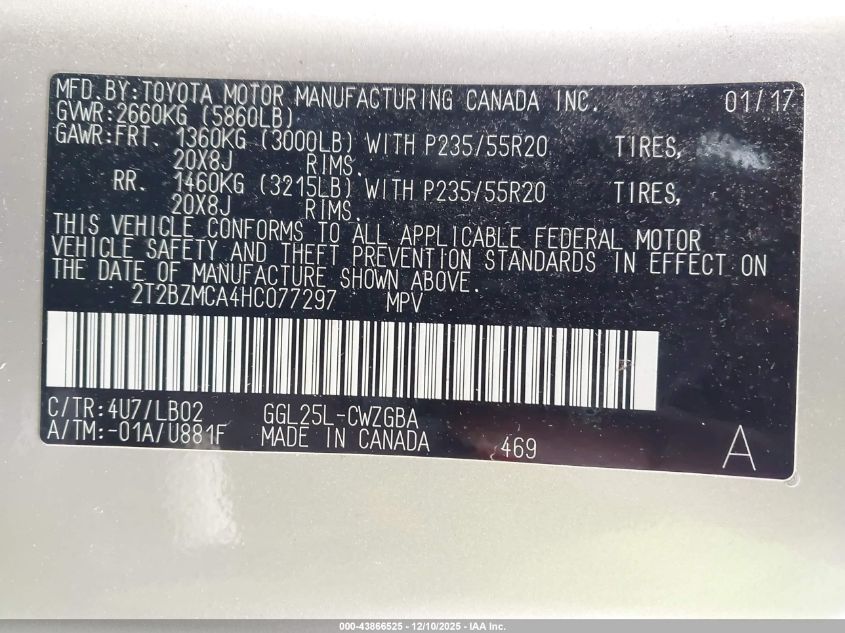 2017 Lexus Rx 350 VIN: 2T2BZMCA4HC077297 Lot: 43866525