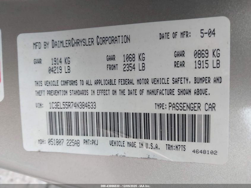 2004 Chrysler Sebring Lxi VIN: 1C3EL55R74N384633 Lot: 43866530