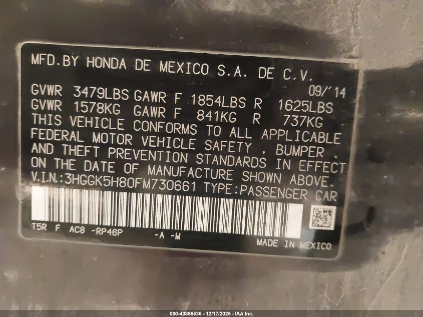 2015 Honda Fit Ex/Ex-L VIN: 3HGGK5H80FM730661 Lot: 43866536