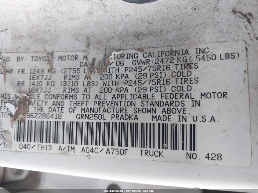 2006 Toyota Tacoma Base V6 VIN: 5TEMU52N96Z286418 Lot: 43866548