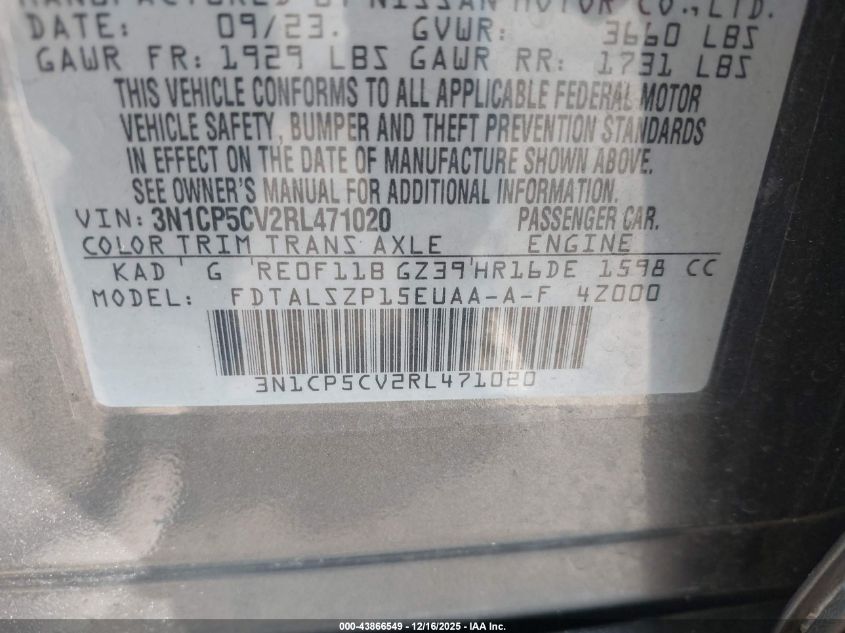 2024 Nissan Kicks Sv Xtronic Cvt VIN: 3N1CP5CV2RL471020 Lot: 43866549