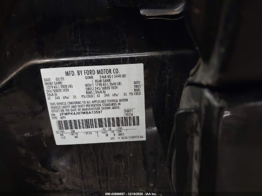 2021 Ford Edge St-Line VIN: 2FMPK4J97MBA13597 Lot: 43866557