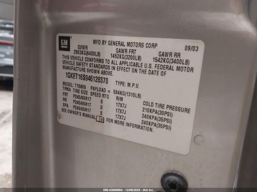 2004 GMC Envoy Xl Sle VIN: 1GKET16S946128370 Lot: 43866564