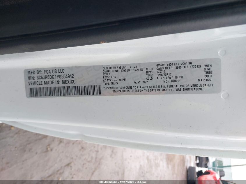 2023 Ram 1500 Classic Tradesman 4X2 8' Box VIN: 3C6JR6DG1PG554942 Lot: 43866569