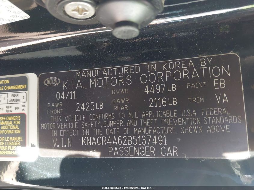 2011 Kia Optima Sx VIN: KNAGR4A62B5137491 Lot: 43866573