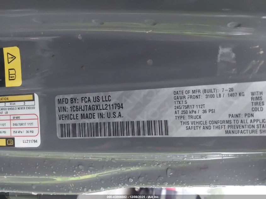 2020 Jeep Gladiator Sport S 4X4 VIN: 1C6HJTAGXLL211794 Lot: 43866582